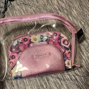 Tahari Pink Floral Clear Cosmetic Crossbody with Removable Pouch